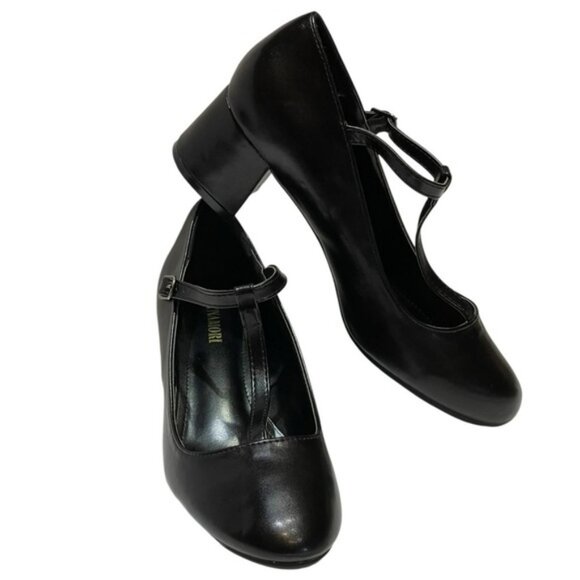 🔥SALE🔥FTNAMORI STRAP BLACK LEATHER MARY JANES BLOCK HEELS SZ 10 MED - Picture 1 of 14